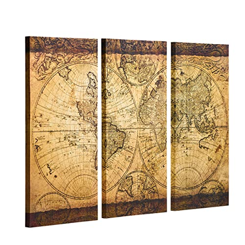 Decor MI Vintage World Map Canvas Wall Art Prints Stretched Framed Ready to Hang Map Artwork World Map Wall Decor for Living Room Bedroom Office 16"x32" 3pcs