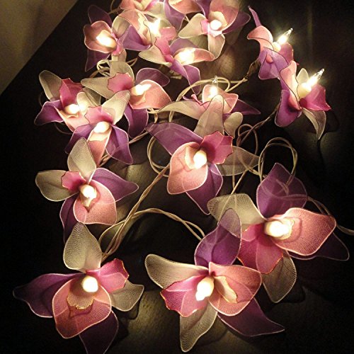 Thai Decorated Thai Vintage Handmade 20 White Pink Purple Orchid Flower Fairy String Lights Wedding Party Decor 5m/ 1 Set